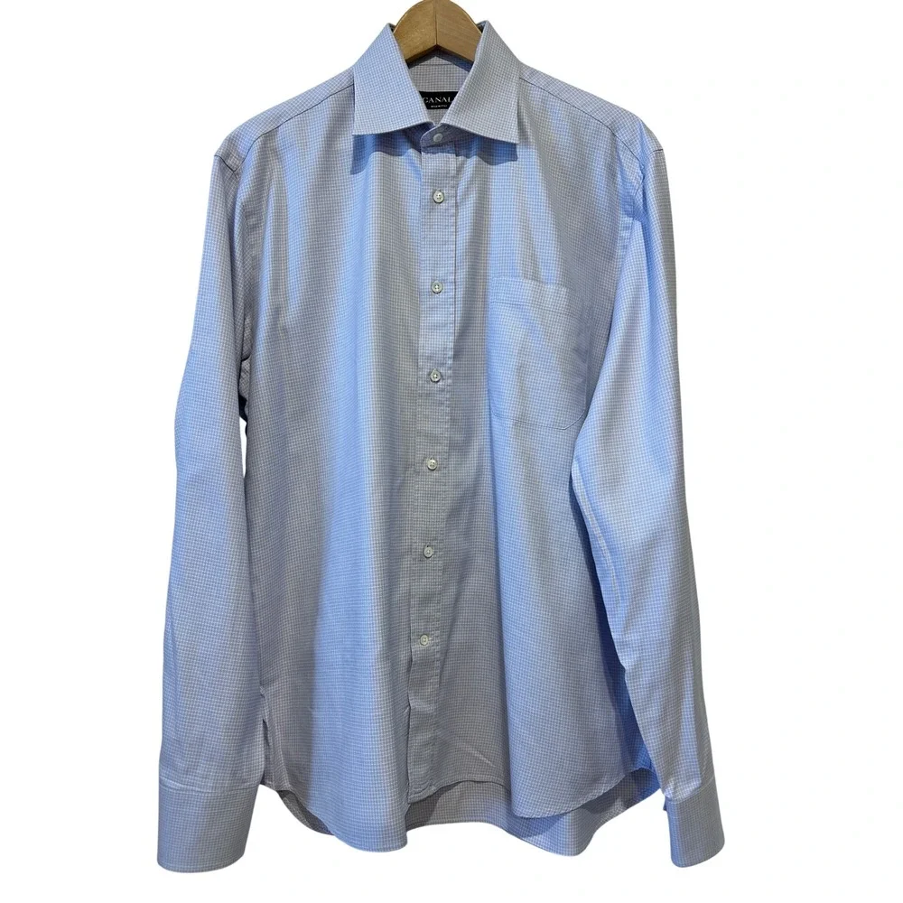Canali Mens Dress Shirt 16 41 Blue Micro Check Long Sleeve Cotton Italy Preppy